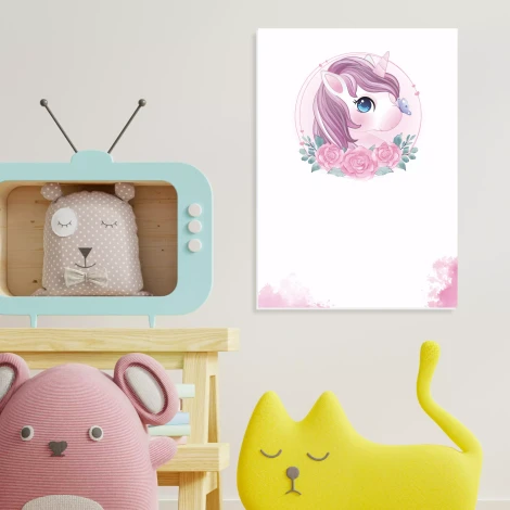 Dry-erase magnetic board for kids featuring a unicorn, flowers, and butterflies - perfect for a child\'s room decor.