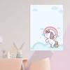 Dry-erase magnetic board for kids, featuring a unicorn and rainbow design against a sky backdrop.