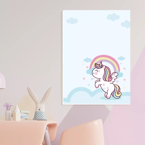 Dry-erase magnetic board for kids, featuring a unicorn and rainbow design against a sky backdrop.