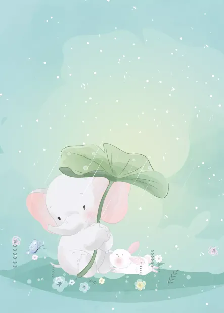 Dry-erase magnetic board for kids featuring an elephant, bunny, and flowers. The elephant holds a leaf next to the bunny.