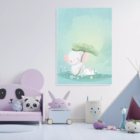 Dry-erase magnetic board for kids featuring an elephant, bunny, and flowers, perfect for brightening up a child\'s room.