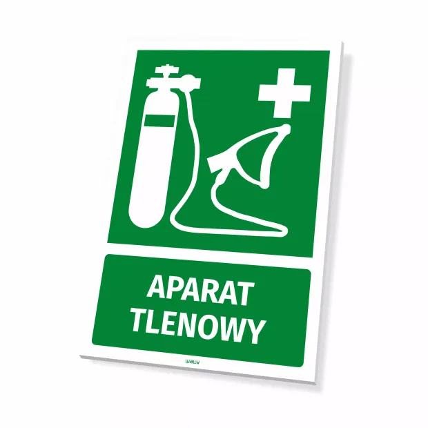 Information sign: Oxygen apparatus - Graphic design. Green background with white symbols of the oxygen apparatus and a cross.