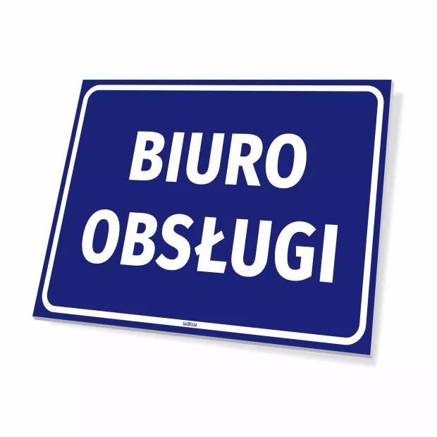 Information sign: Service Office - Graphic design. Blue background with white letters.