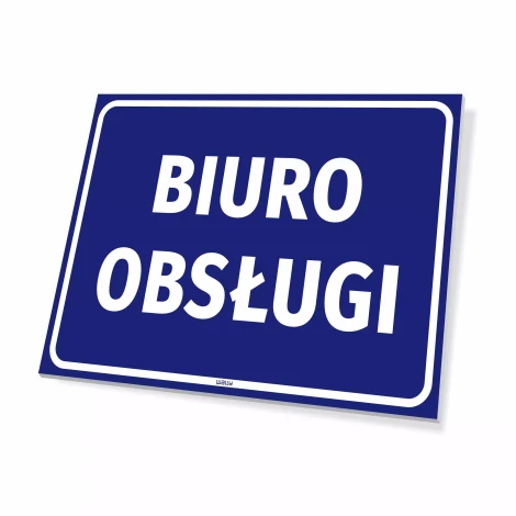 Information sign: Service Office - Graphic design. Blue background with white letters.