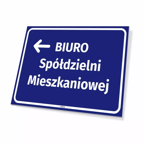Information sign: Housing cooperative office, left arrow - Graphic design. Blue background with white text.