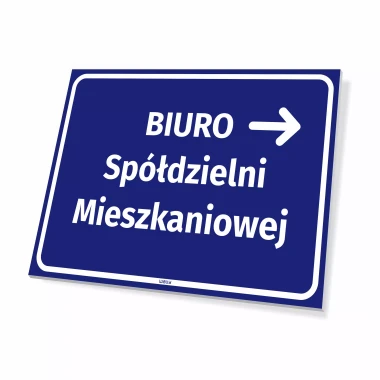 Information sign: Housing cooperative office, right arrow - Graphic design. Blue background, white letters.