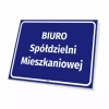 Information plaque: Housing cooperative office - Graphic design. Blue background with white text.