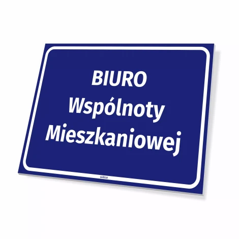 Information sign: Apartment community office - Graphic design. Blue background with white text.