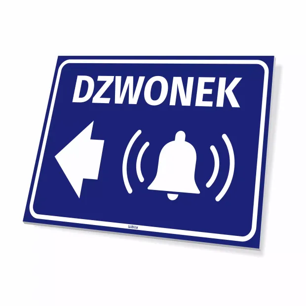 Information sign: Left arrow bell - Graphic design. Blue background, white arrow, bell, and text.