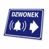 Information sign: Right arrow bell - Graphic design. Blue background, white bell and right arrow.