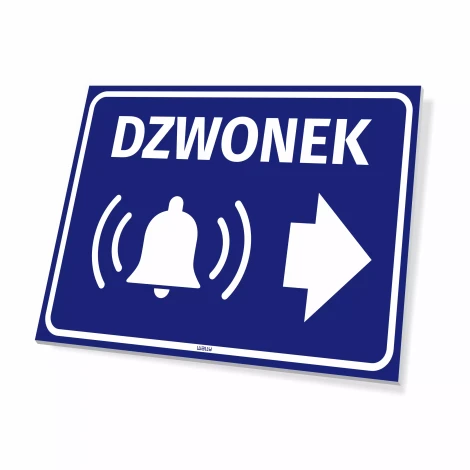 Information sign: Right arrow bell - Graphic design. Blue background, white bell and right arrow.