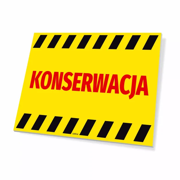 Information sign: Maintenance - Graphic design. Yellow background with red "MAINTENANCE" text and black stripes.