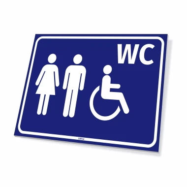 Information sign: Toilet designation - Graphic design. Three figures: woman, man, person in wheelchair, text WC.
