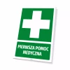 Information sign: First aid - Graphic design. Green rectangle with a white cross and text.