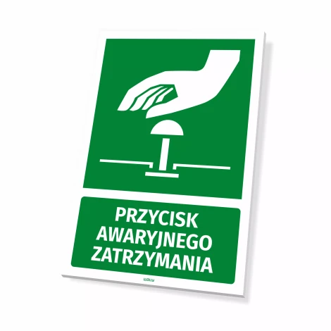 Information sign: Emergency stop button - Graphic design. Green background, white icon of a hand pressing.