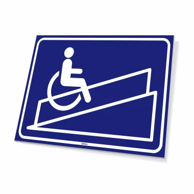 Information sign: Ramp for disabled individuals - Graphic design. Blue background with white wheelchair symbol.