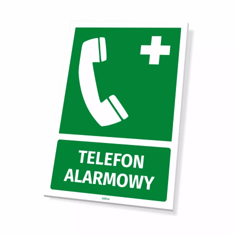 Emergency phone sign: Graphic design with green background, white phone icon, and text.