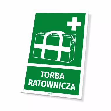 Information sign: Rescue bag - Graphic design. Green background, white outline of the bag with straps, text at the bottom.