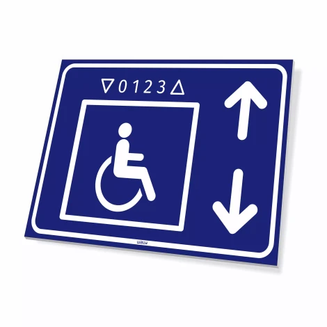 Information sign: Elevator for disabled persons - Graphic design. Blue background with white wheelchair symbol.