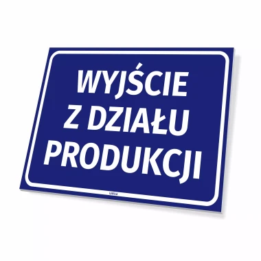 Information sign: Production department exit - Graphic design. Simple rectangle on a blue background with white text.