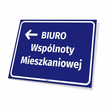 Directional sign: Apartment community office left arrow - Graphic design. Blue background with white text.