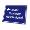 Directional sign: Apartment community office left arrow - Graphic design. Blue background with white text.