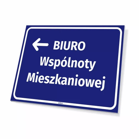 Directional sign: Apartment community office left arrow - Graphic design. Blue background with white text.