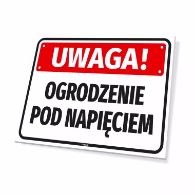 Warning sign: Caution! Electric fence - Graphic design. Rectangular sign with a red background and large text.