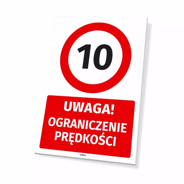 Parking sign: Attention! Speed limit 10 km/h - Graphic design. Round sign with large number 10 in the center, red.