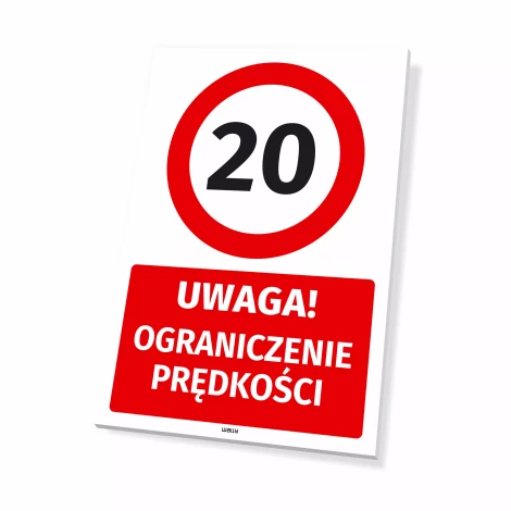 Parking sign: Attention! Speed limit 20 km/h - Graphic design. Red circle with the number 20, rectangle below.