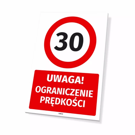 Parking sign: Attention! Speed limit 30 km/h - Graphic design. Red circle with the number 30 and a rectangle with text.