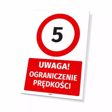 Parking sign: Attention! Speed limit 5 km/h - Graphic design. Red circle with the number 5, rectangle below.