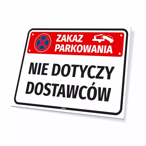 Parking sign: No parking except for delivery - Graphic design. Rectangular sign with a red background.