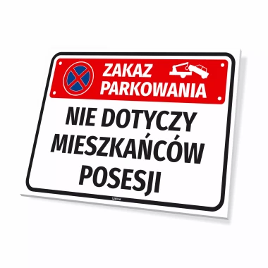 Parking sign: No parking, residents exempt - Graphic design. Red background with white text.