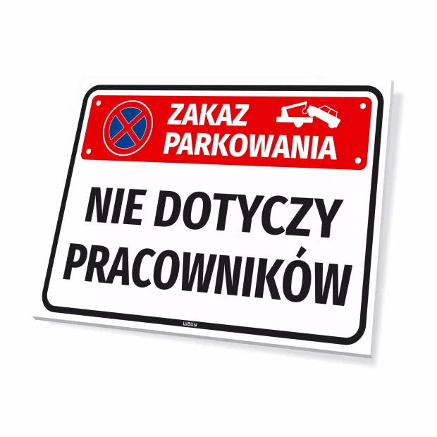 Parking sign: No parking, employees exempt - Graphic design. Red rectangle with white text.