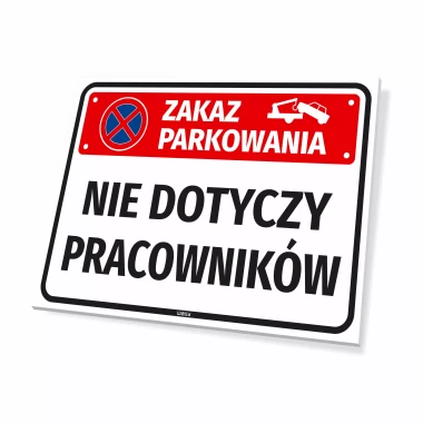 Parking sign: No parking, employees exempt - Graphic design. Red rectangle with white text.