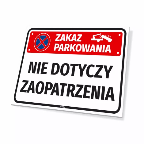 Parking sign: No parking, except for deliveries - Graphic design. Rectangular sign with a red background.