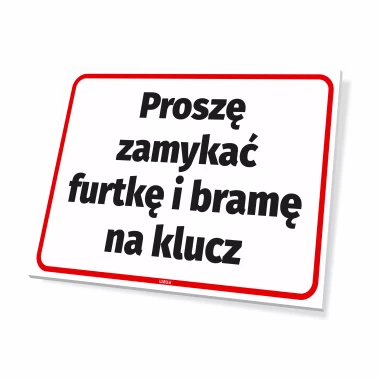 Sign: Please lock the gate and door - Graphic design. Simple sign with text on a white background, bordered.