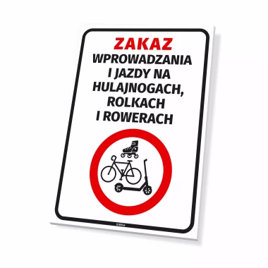 Sign: No entry and riding on scooters, rollerblades, and bicycles - Graphic design. Red circle with a slash.