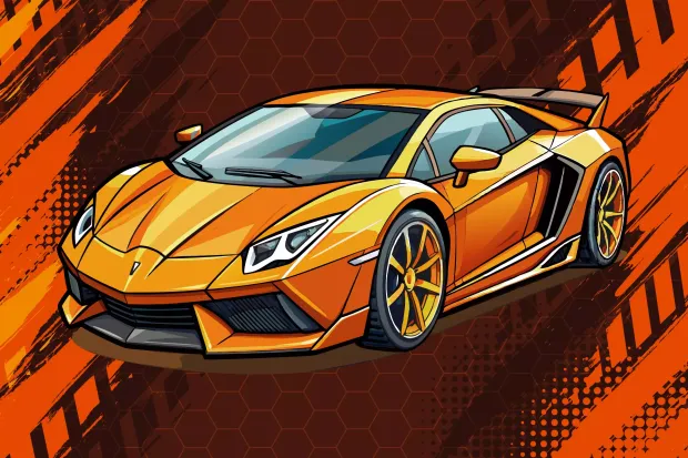 Orange sports car wallpaper for boys\' room - graphic design featuring a sports car in shades of orange.