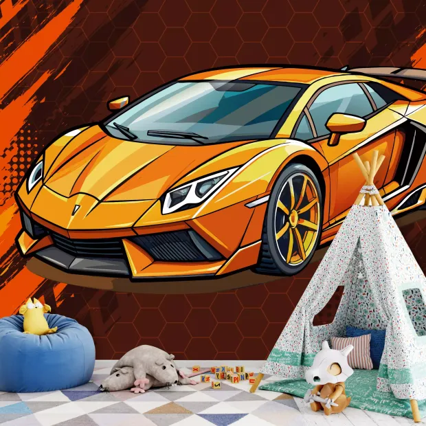 Orange sports car wallpaper for boys\' room. Designed for a child\'s space with dark-colored walls.