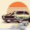 Retro youth wallpaper 0550 - Graphic design featuring a stylized car with large wheels against an orange sun backdrop.