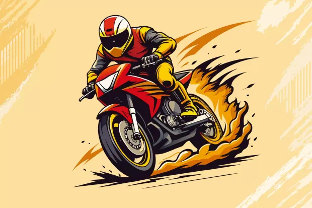 Racing motorcycle wallpaper 0551 - Graphic design featuring a motorcycle in motion with fire and smoke around the wheels.