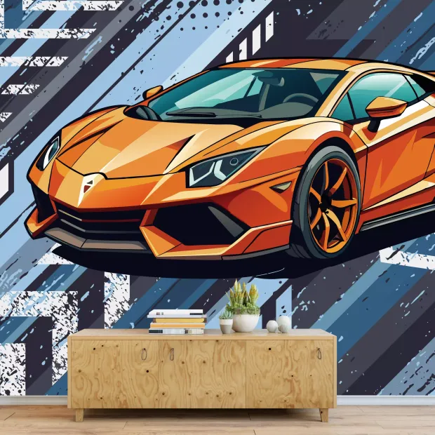 Boys\' room wallpaper featuring a sports car design, perfect for modern interior decor.