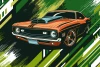 Muscle car wallpaper 0547 - Graphic design featuring an orange car against a green and white background.