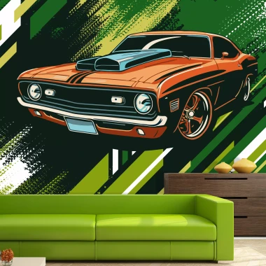 Muscle car wallpaper 0547 - Modern living room decor with green walls and light furniture.