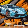 Blue modern sports car wallpaper 0548 - Styled in a contemporary living room with gray-toned walls.