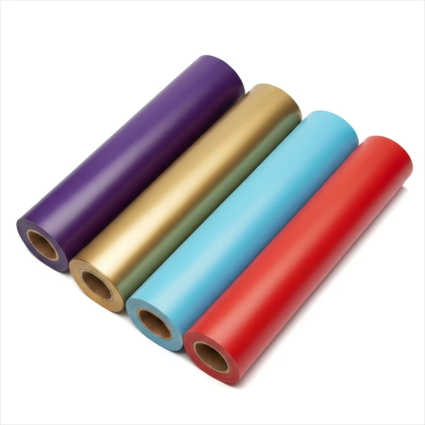 Self-adhesive foil by the meter - Graphic design. Four rolls in purple, gold, blue, and red.