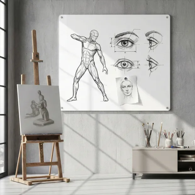 Magnetic whiteboard panel - Artistic studio setup. Walls in gray-beige tones.