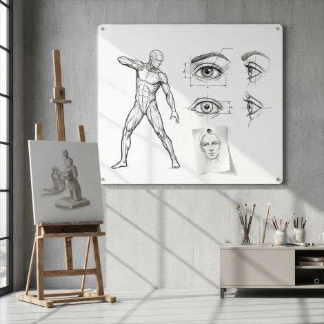 Magnetic whiteboard panel - Artistic studio setup. Walls in gray-beige tones.